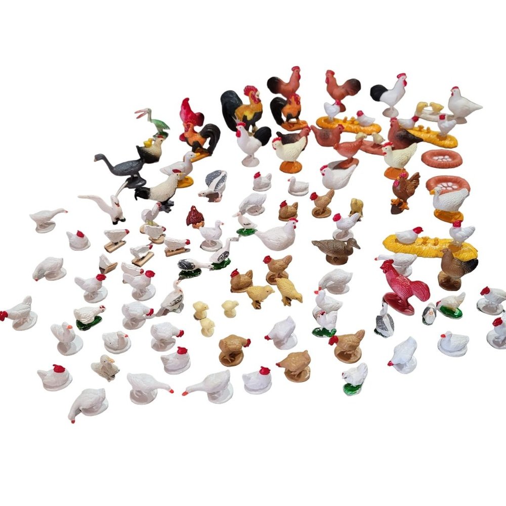 lot of farm animals chickens perfect for cake toppers, train sets, and diorama